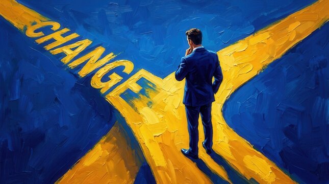 Forked painted path forming the word change with a leader standing there, symbolizing a change management decision and strategic leadership.