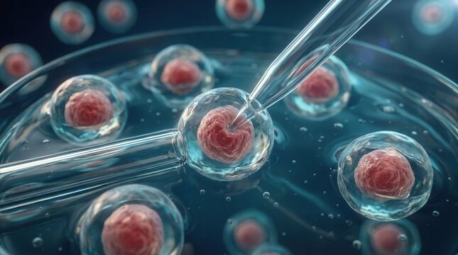 Cell therapy and targeted immunotherapy represented by a micropipette manipulating cell in a laboratory setting for cancer immunity medicine.