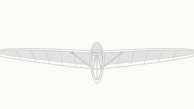 Front view line drawing of a glider aircraft with long wings and open cockpit structure