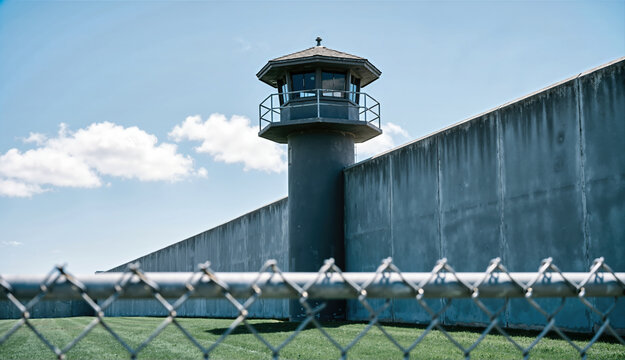 High concrete prison wall with a watchtower behind a chain link fence. Security barrier and guard tower under a blue sky