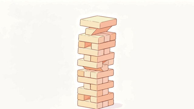 Tilted Wooden Block Tower Illustration with Pastel Colors and Balanced Composition
