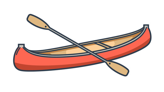 Red canoe with wooden paddle on white background