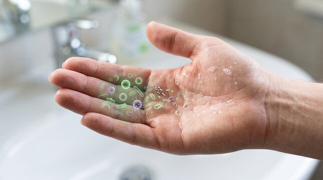 Human hand with visualized microscopic bacteria germs and pathogens for hand hygiene and health protection awareness