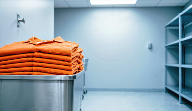 Stack of folded orange prison uniforms in a steel cart. Bright clean laundry room in a correctional facility. Inmate jumpsuits on a metal bin