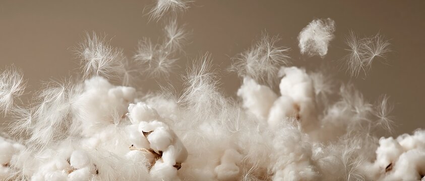 Soft white cotton fluff and seeds floating in warm brown studio light