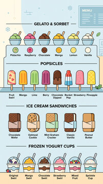 Organized collection of frozen desserts including gelato, sorbet, popsicles, ice cream sandwiches, and frozen yogurt cups, clean commercial layout, minimalist 2d flat, World Ice Cream Day