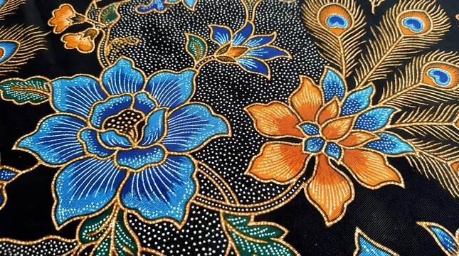 Intricate floral batik pattern with blue flowers and peacock details.