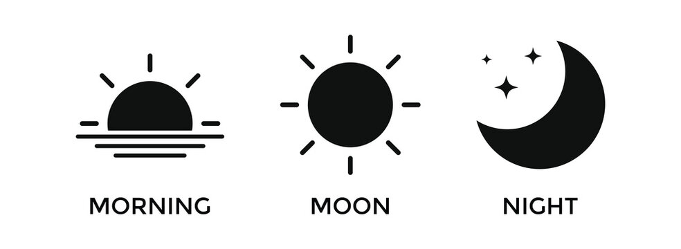 Morning, noon and night icon set. Sun and moon icons. Time of Day sign. Day and night  weather symbols. screen brightness light and dark mode