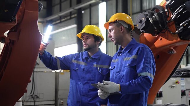 Robotic engineers with flashlight and tablet inspecting machinery in factory, automation technicians checking industrial robot arm in manufacturing plant, factory workers working on robotic equipment