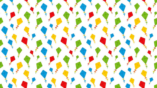 Bright colorful kites flying seamless pattern.