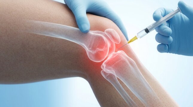 Injection therapy for knee osteoarthritis and joint pain management illustrated by a clinician injecting a knee joint.