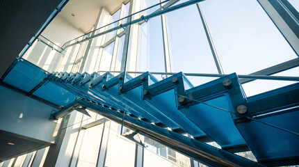 Naklejka premium Modern blue glass staircase structure shot from dramatic diagonal angle with repeating geometric pattern and copy space