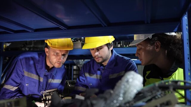 Team of engineers checking inventory and parts in warehouse, Industrial workers inspecting components on shelves in factory, Colleagues managing stock and equipment in storage plant