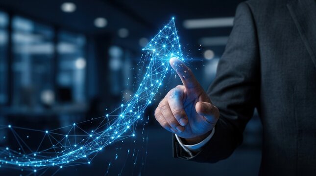 Glowing digital arrow swirl guided upward by a hand, representing change management transformation and strategic leadership.