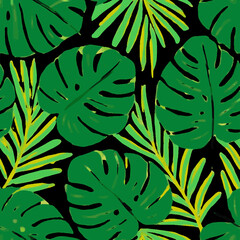 Seamless tropical leaf pattern with vibrant green monstera and palm fronds on a black background © DedeSupyanSaparudin