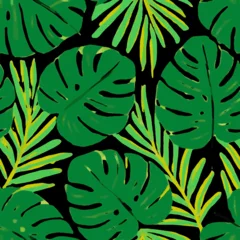Seamless tropical leaf pattern with vibrant green monstera and palm fronds on a black background © DedeSupyanSaparudin