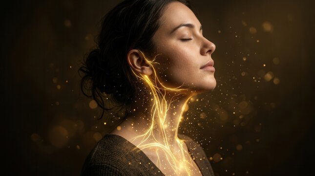 Glowing vagus nerve visualization and illuminated neck during a woman's slow breath practice for relaxation.