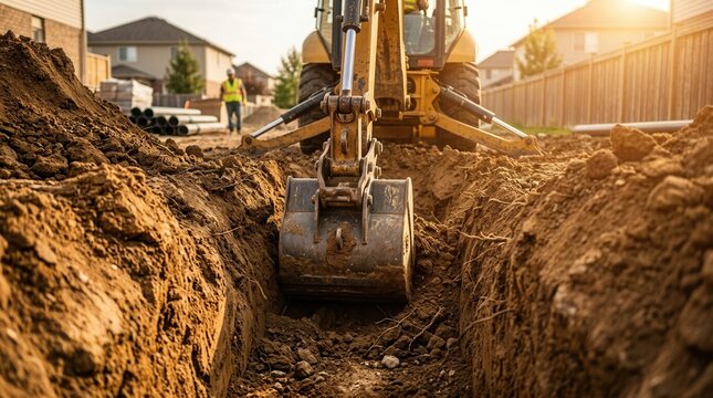 Septic system installation featuring a backhoe excavator digging a narrow trench through soil