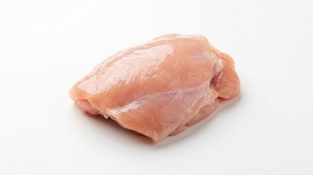 A single piece of raw skinless boneless chicken thigh on white background
