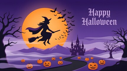 Fototapeta premium Happy Halloween purple banner with flying witch on broom, full moon, bats, castle, and pumpkins