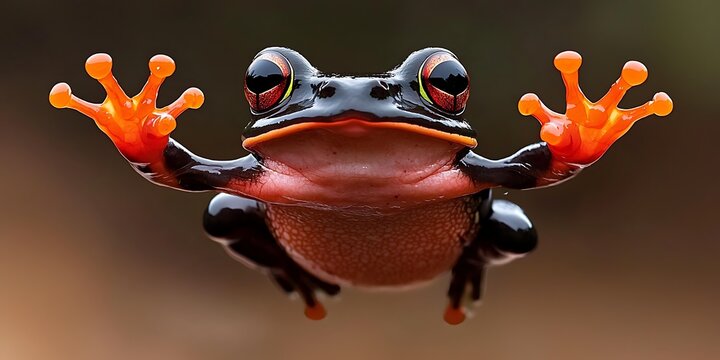 Flying Red Frog in Mid Air.