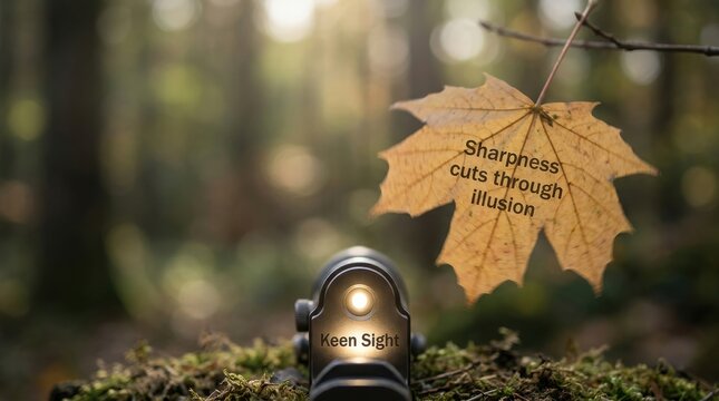 Optical lens illuminates leaf with quote in forest