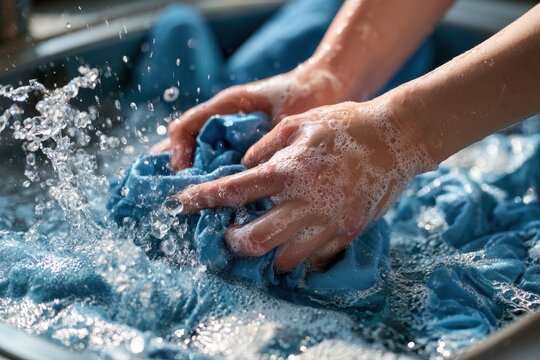 Hands washing blue clothing with soapy water and splashing droplets. This represents deep cleaning and garment maintenance for a laundry advertisement.