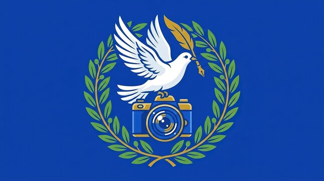 Peace Dove Carrying Feather Quill Pen Above Camera Surrounded By Laurel Wreath Vector Graphic.
