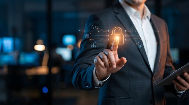 Businessman touching glowing digital padlock icon for cyber security and data protection concept