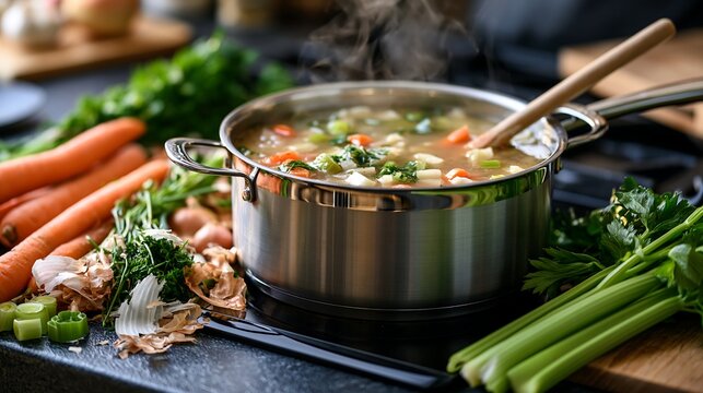Fresh vegetable soup boiling in steel pot with organic food ingredients