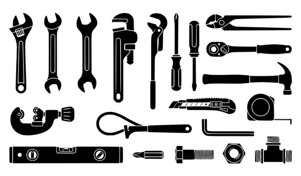 Handyman plumbing tools silhouette set, adjustable wrench spanner and repair vector icons