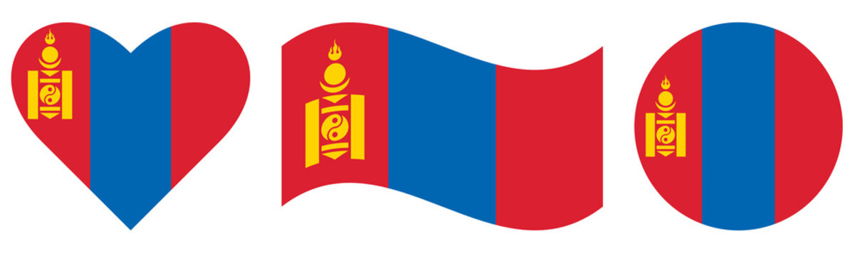 National Mongolia flags set isolate. Waving flag of Mongolia isolated. Round flag in circle shape isolate. Flag of Mongolia isolate in heart shape.