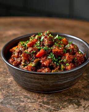 Delicious spicy indo chinese chilli paneer dish in a dark ceramic bowl