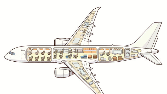 Detailed cross-section illustration of a passenger airplane interior showing seating layout, cargo holds, and