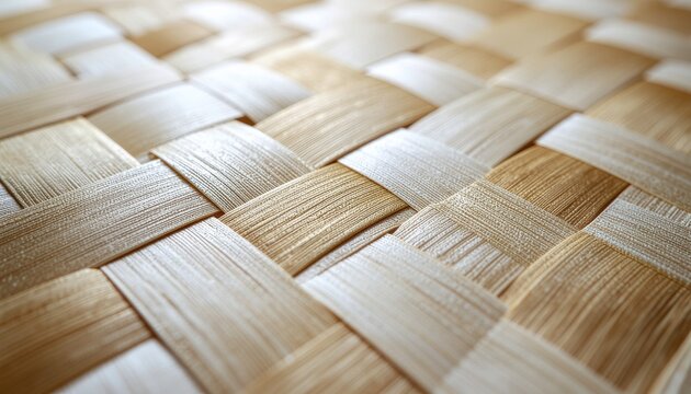Close-up flat lay of woven ajiro pattern washi paper with warm golden natural light and diagonal basket weave texture