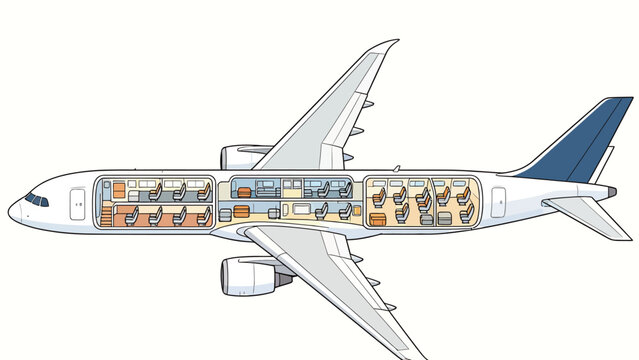 Detailed cross-section illustration of a commercial airliner showing cabin layout, seats, and interior