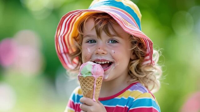 Child wearing a colorful striped sun hat and happily enjoying a pastel-colored ice cream. Ai generated