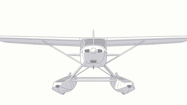 Front view of a grey seaplane with pontoons, high-wing design and streamlined fuselage illustration