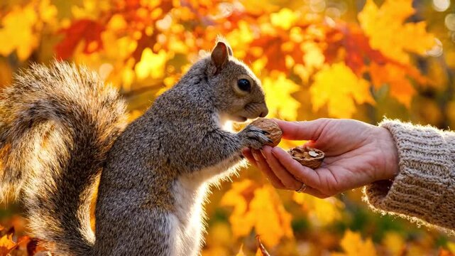 Cute squirrel eating nut from hand in autumn leaves background