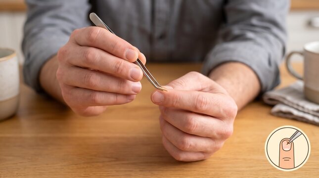 Man using metal tweezers to remove a splinter from his finger at a wooden table