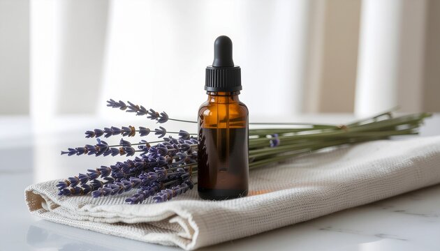 Amber glass essential oil dropper bottle with fresh lavender sprigs on a linen cloth