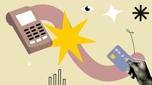 Payment Card ATM Halftone Contactless NFC Tap to Pay Terminal Credit Card Transaction Retail Checkout Point of Sale Digital Wallet Video motion graphics