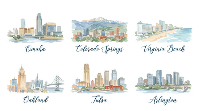 United States Travel Skyline Collection with Omaha Colorado Springs Virginia Beach Buffalo Tulsa and Arlington in Soft Watercolor Style
