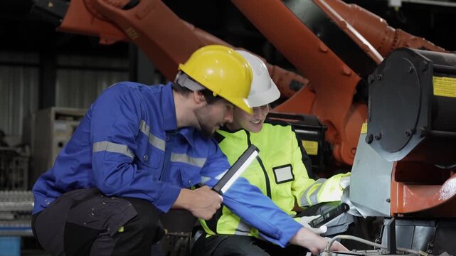 Robotic engineers with flashlight inspecting industrial robot arm in factory, automation technicians working together on robotic machinery maintenance, engineers checking smart factory equipment