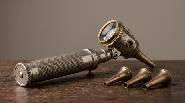 Antique Medical Otoscope with Interchangeable Ear Specula on Wooden Table