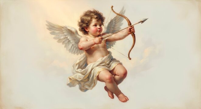 Vintage Cupid cherub holding bow and arrow in sky - Classical Renaissance style art - Horizontal banner