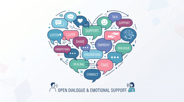 Interconnected speech bubbles forming a heart, representing active listening, emotional support, open dialogue and mental health awareness minimalist 2d flat illustration, Yellow September