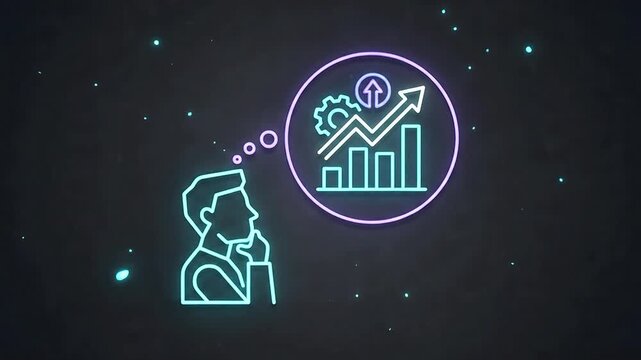 Neon Graphic of a Thinking Businessman Contemplating Business Growth and Financial Success Strategy