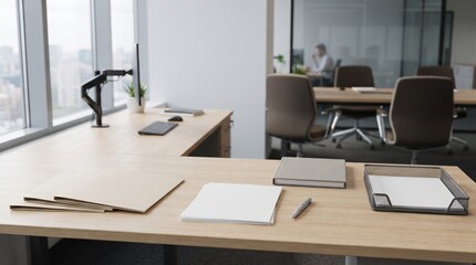 Fototapeta premium Empty Office Desk with Folders Notebook and Document Tray Setup