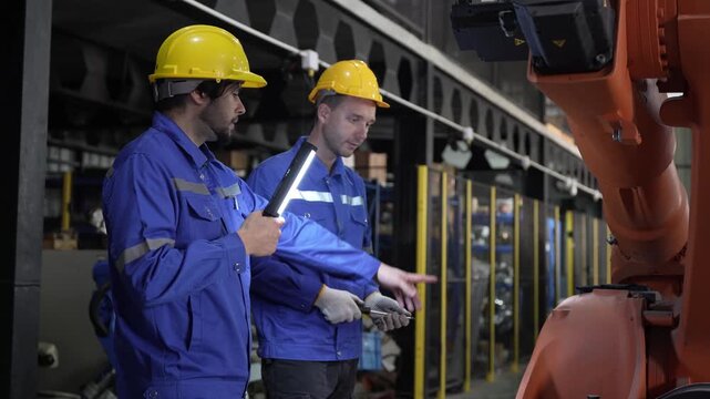 Robotic engineers with flashlight and screwdriver inspecting robot arm in factory, automation technicians in hard hat repairing smart factory robot arm with tools